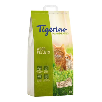 Tigerino Plant-Based Wood Pellets, 15 kg. Features: fast clumping, extremely low dust, suitable for long-haired cats, natural wood scent, flushable in toilet.