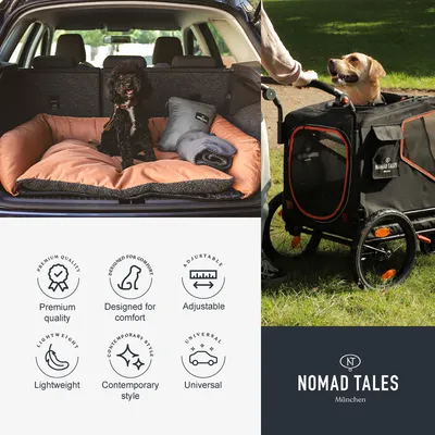 Product features shown: premium quality, designed for comfort, adjustable, lightweight, contemporary style, universal. Images show pets using bedding in a car and a pet carrier trailer.