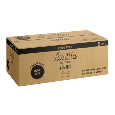 Smilla Senior Value Pack, mixed pack with 48 x 85 g. Contains 24 x salmon & green beans and 24 x chicken & carrots. Chunks in gravy, contains taurine and omega fatty acids.