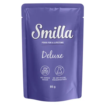 Smilla Food for a Lifetime Deluxe, no added sugar, no artificial preservatives, 85 g. Texte en anglais.