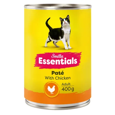 Smilla Essentials Paté med kylling, voksen, 400 g. Gul dåse med sort og hvid kat afbildet.