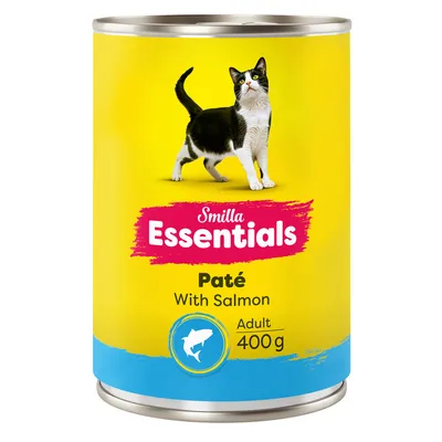 Smilla Essentials Paté med laks, Adult, 400g. Gul dåse med sort og hvid kat afbildet.