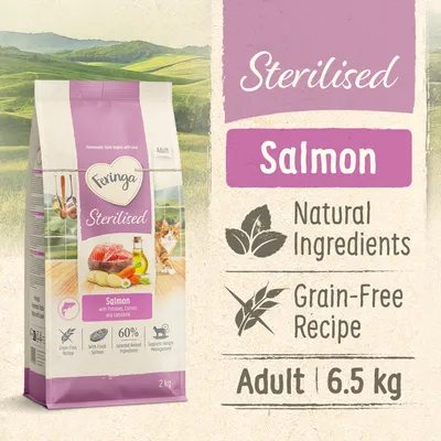 Feringa Sterilised Salmon, Natural Ingredients, Grain-Free Recipe, Adult, 6.5 kg. Mit frischem Lachs, Kartoffeln, Karotten und Kamille. 60% ausgewählte tierische Zutaten.