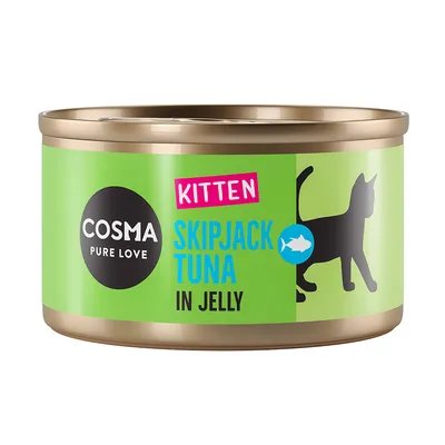 Boîte Cosma Pure Love, texte visible : Kitten Skipjack Tuna in Jelly, silhouette de chat noir sur fond vert. Texte en anglais.