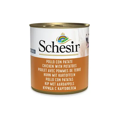 Schesir Dose mit Huhn und Kartoffeln in Jelly, mehrsprachige Beschriftung: Pollo con Patate, Chicken with Potatoes, Huhn mit Kartoffeln.