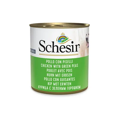 Schesir Huhn mit Erbsen in Jelly. Mehrsprachige Beschriftung: Pollo con Piselli, Chicken with Green Peas, Poulet avec Pois, Kip met Erwten, Pollo con Guisantes.