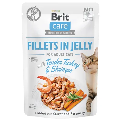 Brit Care Fillets in Jelly за котки, пуешко и скариди, 85 г. Без ГМО, соя и захар. С морков и розмарин. Изображение на котка и храна с пуешко и скариди.