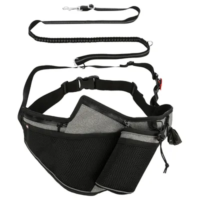 Grauer Bauchgurt mit Taschen und schwarzer elastischer Hundeleine, geeignet für Freihandführung beim Spaziergang.