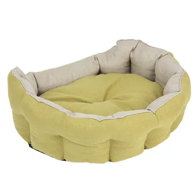 Rundt kæledyrsseng med blød, polstret kant og bund i lysegrøn og beige stof. Ingen synlige mærker eller tekst.
