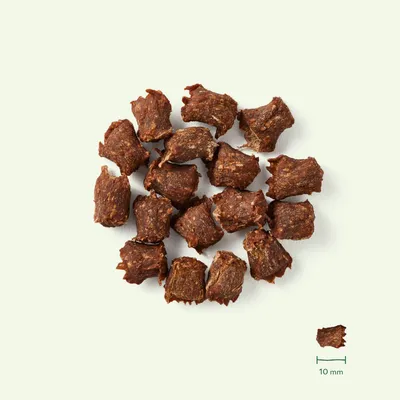 Nahaufnahme von braunen, fleischartigen Snackstücken mit einer Grösse von etwa 10 mm, dargestellt mit Massstab.