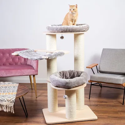 Tiragraffi per gatti con colonne in sisal, due letti imbottiti grigi e una piattaforma, mostrato con un gatto arancione seduto sulla parte superiore. Giocattolo a pallina appeso.