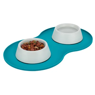 Double bowl set with turquoise mat, two white bowls for dry food and water.