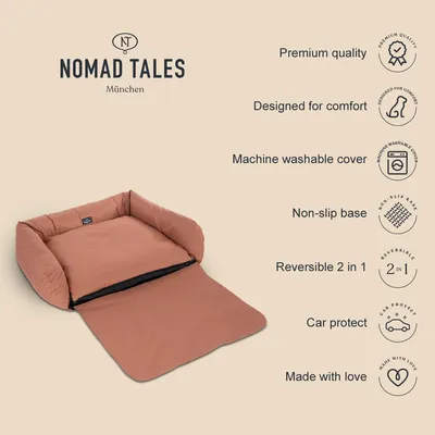 NOMAD TALES München. Premium quality, Designed for comfort, Machine washable cover, Non-slip base, Reversible 2 in 1, Car protect, Made with love. Texto en inglés.