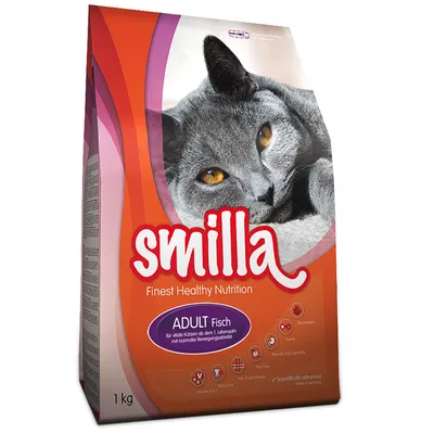 Smilla Finest Healthy Nutrition ADULT Fisch kattenvoer, 1 kg verpakking met afbeelding van een grijze kat. Tekst: voor vitale katten vanaf het 1e levensjaar met normale bewegingsactiviteit.