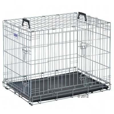 Metal wire pet crate with two doors, secure latches, black plastic base tray and carrying handles on top. Crate is empty and shown from an angle to display structure.