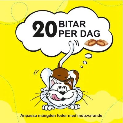 Utfodringsråd: 20 bitar per dag. Anpassa mängden foder med motsvarande.