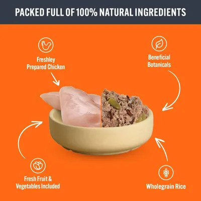 Image showing key ingredients: freshly prepared chicken, fresh fruit and vegetables, wholegrain rice, and beneficial botanicals. Text states packed full of 100% natural ingredients.