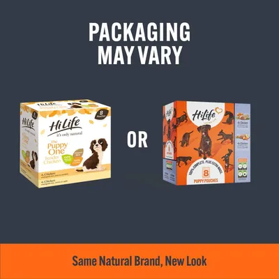 Image shows two HiLife puppy food boxes with text 'Packaging may vary'. Both contain 8 pouches. Banner below reads: Same Natural Brand, New Look.