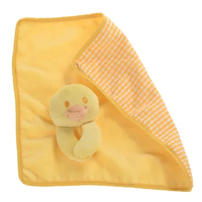 Gelbes Kuscheltuch mit Entenmotiv und kariertem Muster auf der Rückseite, geeignet als Spielzeug oder Decke.