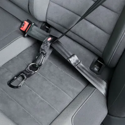 Safety belt adapter for dogs, attached to a car seat with ISOFIX system and carabiner.