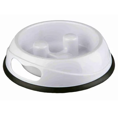 White feeding bowl with anti-gulping function, raised obstacles and non-slip base.