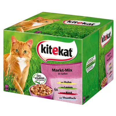 Kitekat Markt-Mix in Gelee, 24 x 100 g. Smaken: 6x met kip, 6x met lam, 6x met rund, 6x met tonijn. Tekst: 100% Vitalität, 100% ausgewogen. Verpakking toont oranje kat.