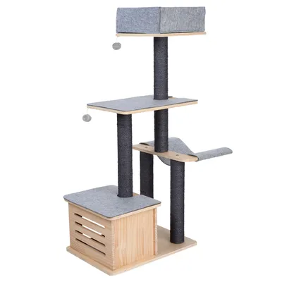 Klatretræ af træ med grå sisalstammer, tre niveauer, hule og liggeflader. Inkluderer legebolde på to niveauer.