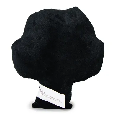 Schwarzes Plüschspielzeug in Form eines Baums mit weissem Etikett und Wonder Woman-Logo.