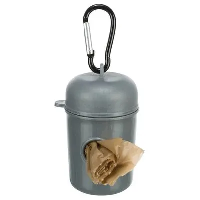 Grijze kunststof houder met karabijnhaak en bruine poepzakjes zichtbaar aan de zijkant.