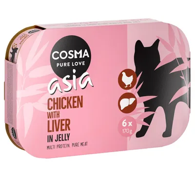 Cosma Pure Love asia Chicken with Liver in Jelly, 6 x 170 g. Vaaleanpunainen pakkaus, jossa musta kissasiluetti ja kanan sekä maksan symbolit.
