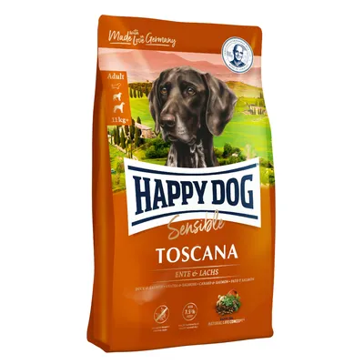 Happy Dog Sensible Toscana, Adult, anatra e salmone, 11 kg, con Natural Life Concept, Made in Germany.