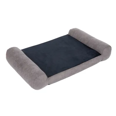 Rechthoekig grijs huisdierenbed met donkerblauw ligvlak en gevoerde zijrollen.