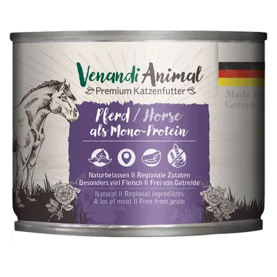 Venandi Animal Premium Katzenfutter, Pferd/Horse als Mono-Protein. Natural, regional ingredients, a lot of meat, free from grain. Made in Germany visible sur l’emballage.