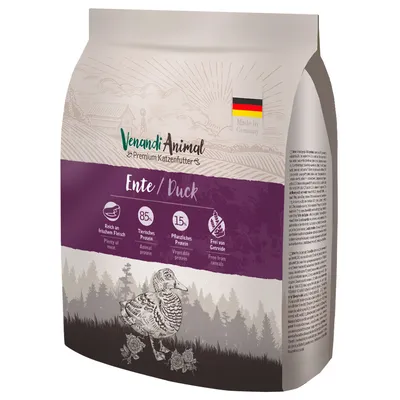Venandi Animal Premium-kissanruoka ankka. Runsaasti tuoretta lihaa, 85 % eläinproteiinia, 15 % kasviproteiinia, viljaton. Valmistettu Saksassa.