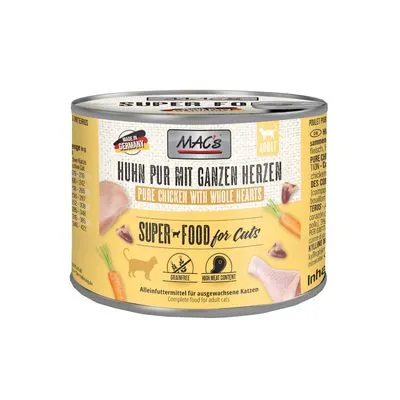 MAC's Huhn pur mit ganzen Herzen, Pure Chicken with Whole Hearts, Super Food for Cats, graanvrij, hoog vleesgehalte, compleet kattenvoer voor volwassen katten. Gemaakt in Duitsland.