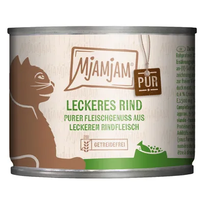 Boîte de nourriture pour chat MjAMjAM PUR, texte visible : Leckeres Rind, purer Fleischgenuss aus leckerem Rindfleisch, getreidefrei. Texte en allemand.