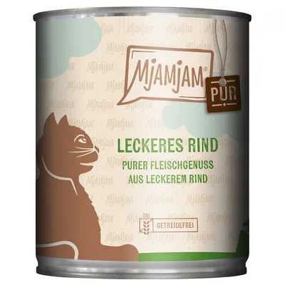 Mjamjam Pur comida para gatos, deliciosa ternera, puro placer de carne de ternera, sin cereales.