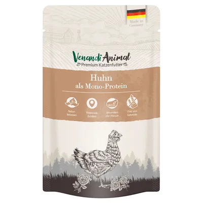 Venandi Animal Premium karma dla kotów, kurczak jako jedno źródło białka. Naturalne, regionalne składniki, dużo mięsa, bez zbóż. Wyprodukowano w Niemczech.