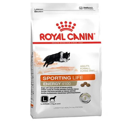 Royal Canin Sporting Life Energy 4100, torrfoder för vuxna stora hundar (över 11 kg), synlig text: agility, flyball, flying disc, instant energy, easyopen zipsystem, freshpack.