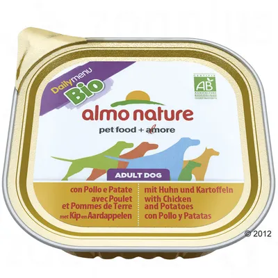 Almo Nature Daily Menu Bio, ADULT DOG, s kuracím mäsom a zemiakmi. Certifikát AB Agriculture Biologique. Text v angličtine, nemčine, taliančine, francúzštine a holandčine.