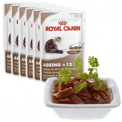 Паучове Royal Canin Ageing +12 за котки над 12 години, показани 6 опаковки с изображение на котка и купичка с парченца в сос. Видим текст: Joint Health EPA/DHA.