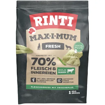 Rinti Max-i-mum Fresh hondenvoer, bereid met 70% vlees en orgaanvlees, rijk aan verse pens, met 30% groenten en waardevolle ingrediënten, graanvrij recept, 1 kilogram.