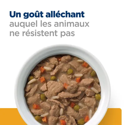 Un goût alléchant auquel les animaux ne résistent pas. Texte en haut de l’image, gamelle blanche remplie de morceaux de viande, petits pois et carottes visibles.