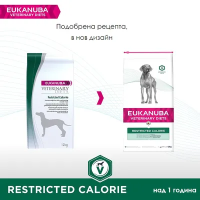 Eukanuba Veterinary Diets Restricted Calorie – подобрена рецепта, нов дизайн. Показани са две опаковки по 12 кг с надпис „над 1 година“.