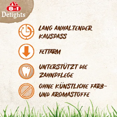 8in1 Delights: Lang anhaltender Kauspass, fettarm, unterstützt die Zahnpflege, ohne künstliche Farb- und Aromastoffe.