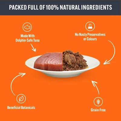 Product features: made with dolphin-safe tuna, no nasty preservatives or colours, beneficial botanicals, grain free, packed full of 100% natural ingredients.