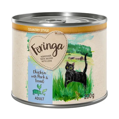 Feringa Country Style vådfoder til katte, variant kylling med svinekød og ørred, voksen, 200g. Emballage med sort kat og landlig baggrund.