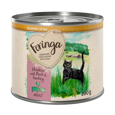 Feringa Country Style, kylling med svinekød og kalkun, voksen, 200g. Illustration af sort kat på grøn mark.