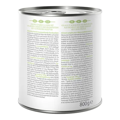 Dose mit der Aufschrift: Frisches Geflügel & Lamm mit Waldbeeren, Wurzeln und Wildkräutern. 100% getreidefreie Rezeptur. Inhalt: 800g.