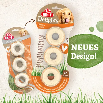 8in1 Delights Chicken Rings, lækker kyllingebryst indeni, nyt design, egnet til hunde fra 5-10 kg. Langvarig tyggeglæde.